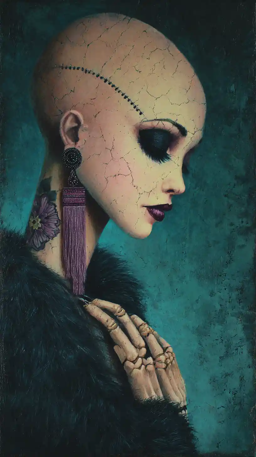 Retrato gótico surreal de uma mulher de porcelana costurada