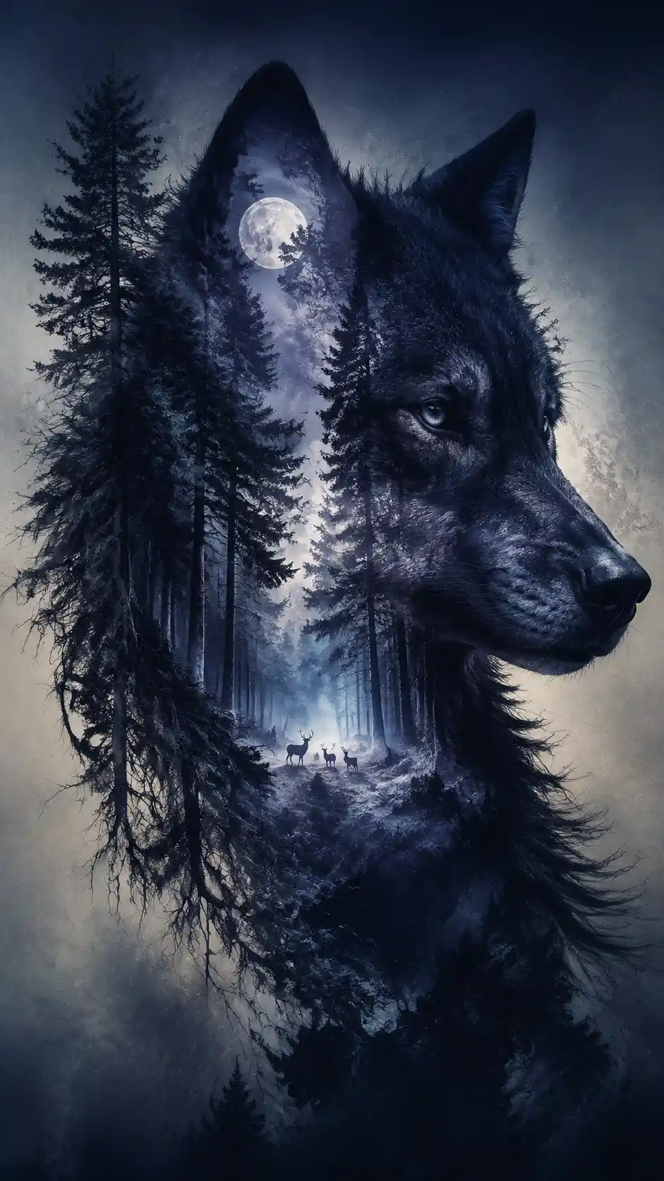 Silhueta surreal de lobo preenchida por uma antiga floresta ao crepúsculo