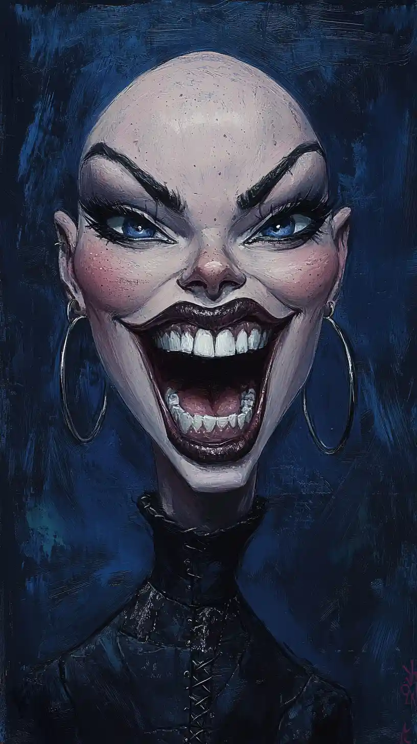 Ritratto caricaturale dark fantasy di una donna calva con collo lungo