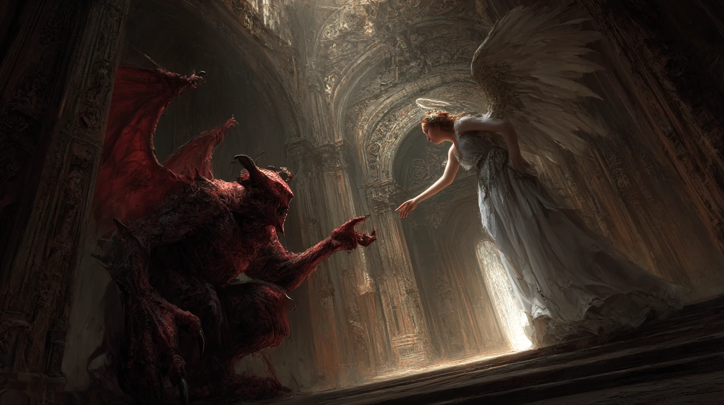 Ancient demon reaching toward a radiant heavenly angel