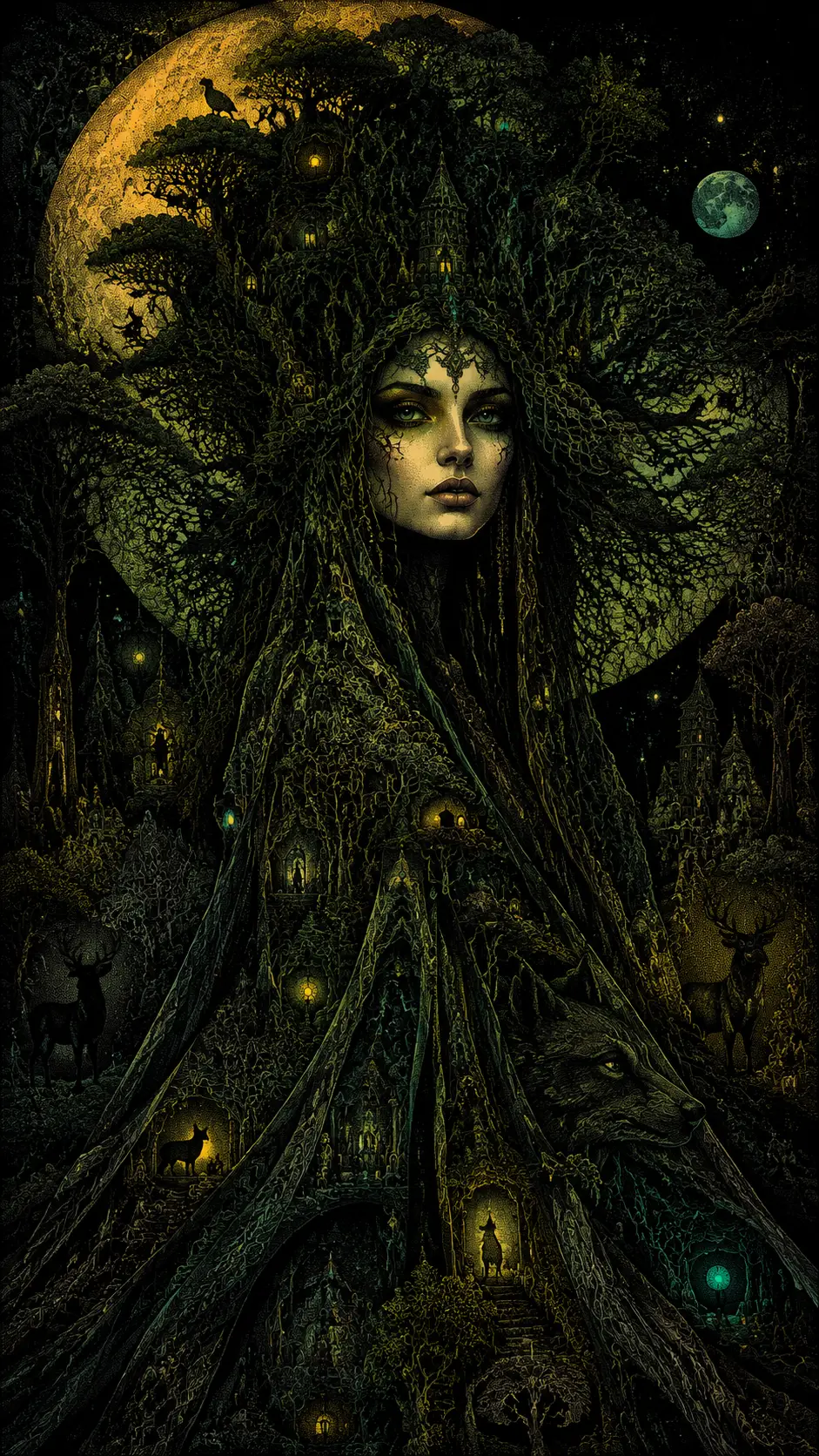 Gothic woman merging with twisted forest trees
