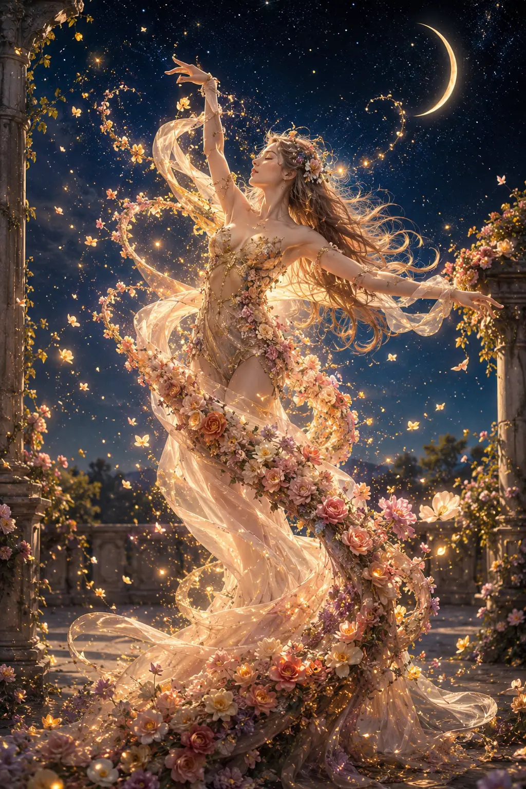 在閃耀星空下起舞的飄渺女子