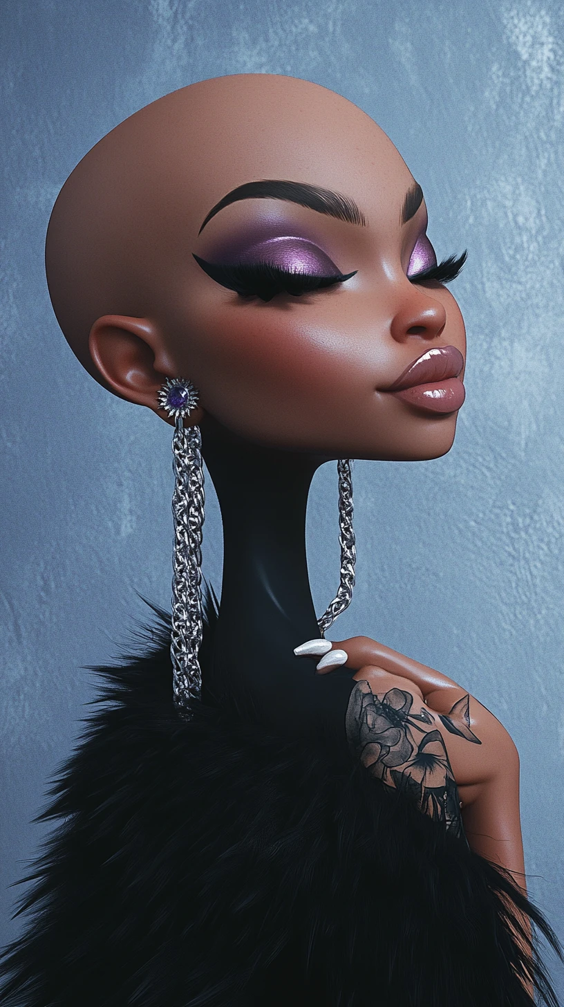 Glamorous bald woman in 3D stylized portrait profile