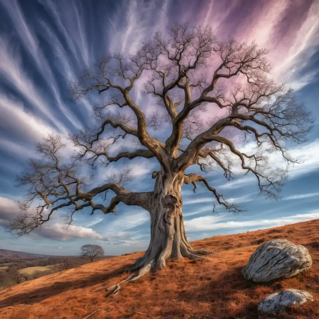 Lonely leafless oak tree on a windswept sunset hill