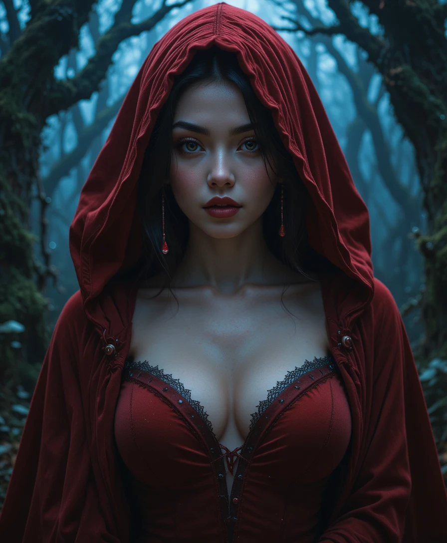 Enigmatica donna con mantello rosso in una foresta fantasy al crepuscolo