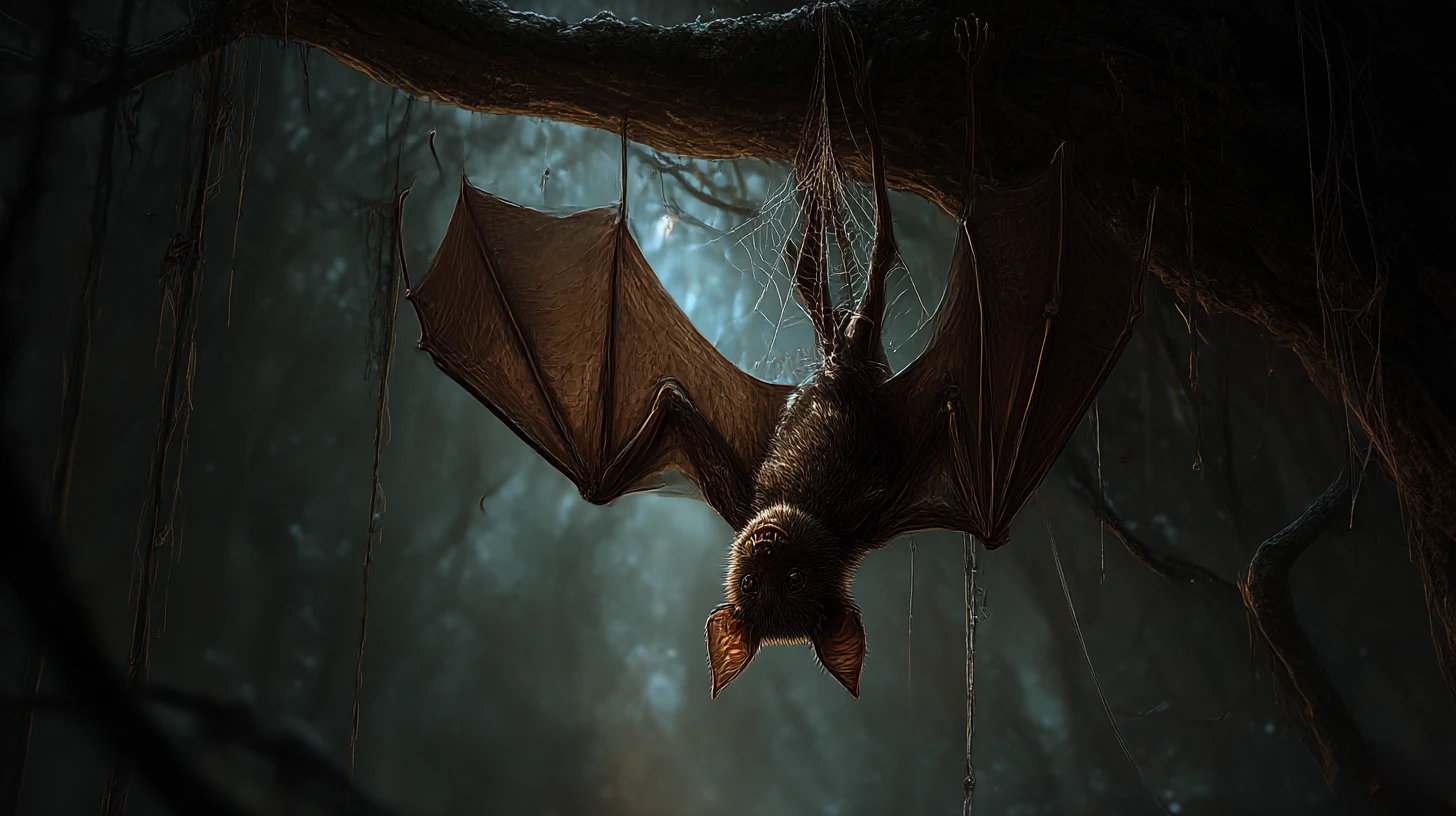 Monstro aranha-morcego em árvore de floresta sombria e encantada