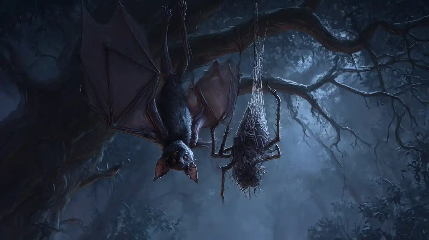 Groteskes Spinnen-Fledermaus-Monster in einem dunklen verzauberten Wald