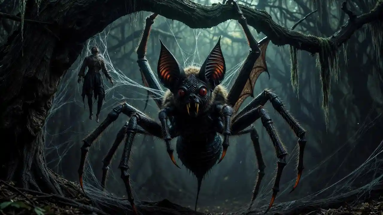 Monstro assustador aranha-morcego em uma floresta sombria e encantada