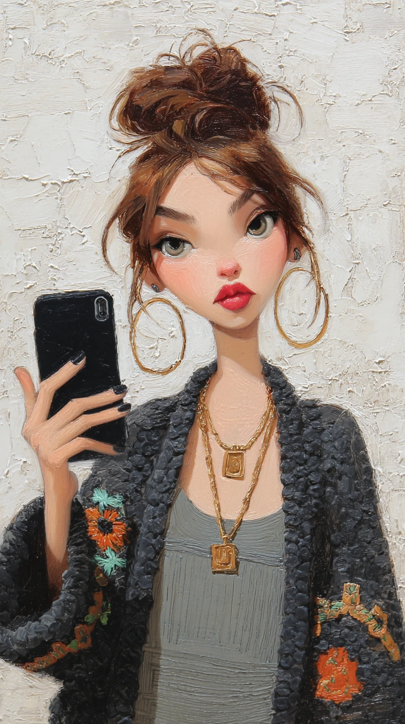 Mulher pop surreal tirando selfie com olhos de boneca