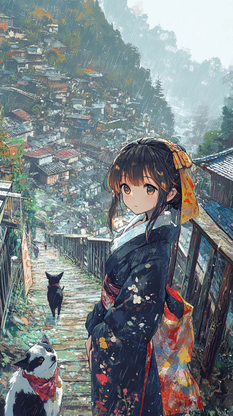 Anime girl walking with a dog across a wooden bridge