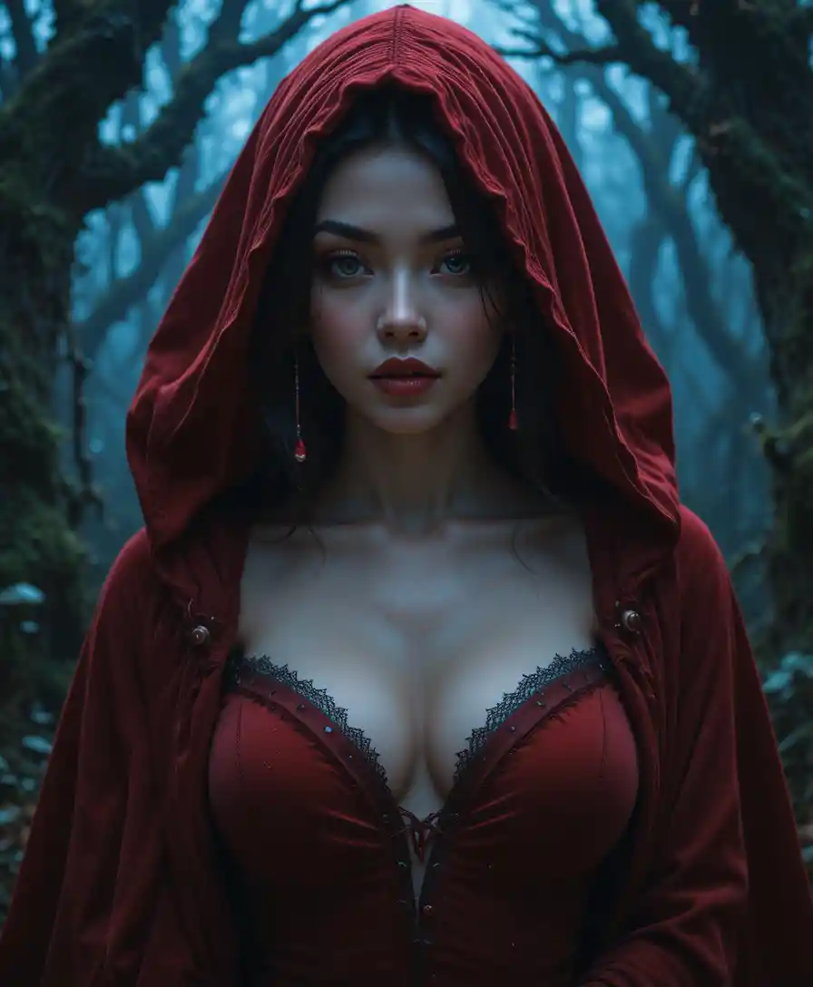 Enigmatic red cloaked woman in a twilight fantasy forest