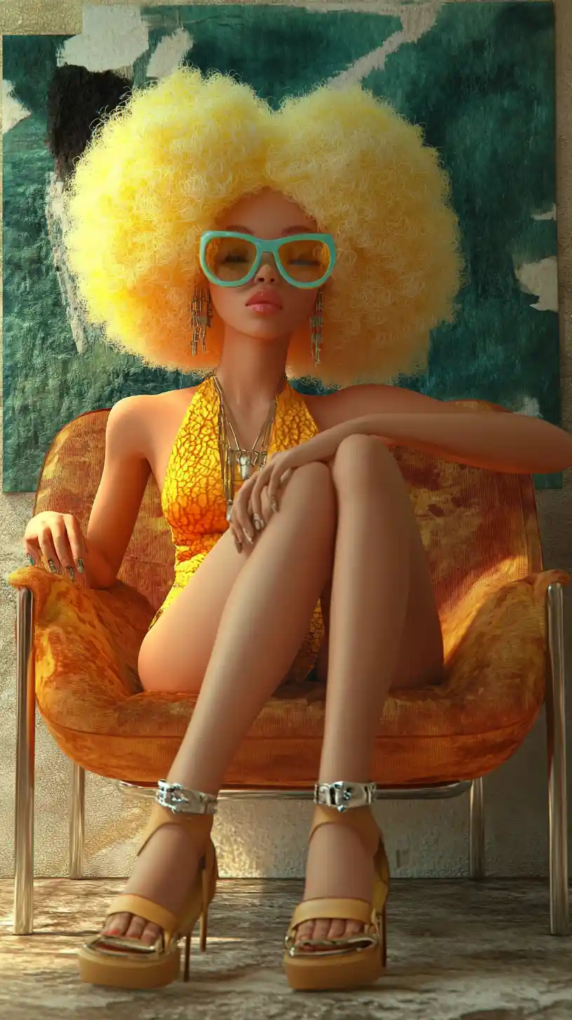 Mujer rubia en silla con un audaz estilo pop art 3D
