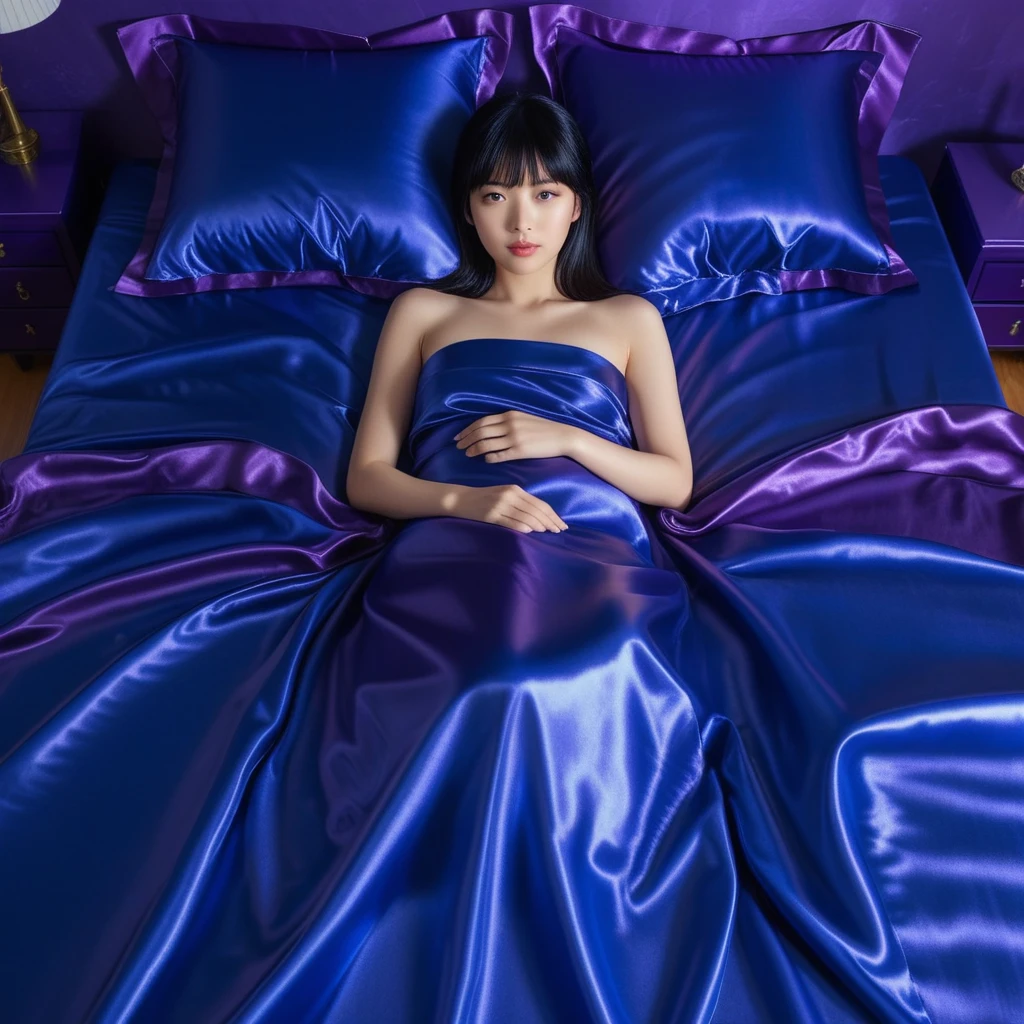 Mujer japonesa tumbada en una cama de satén azul real y púrpura
