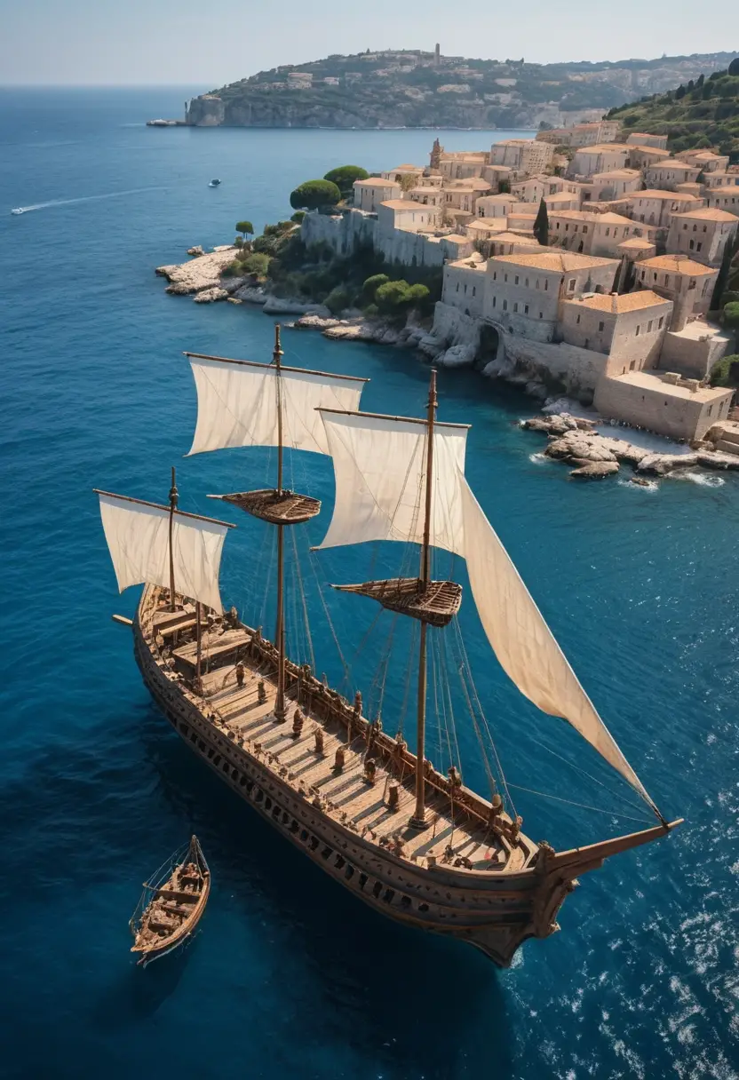 Roman trireme crossing a bright Mediterranean coastline
