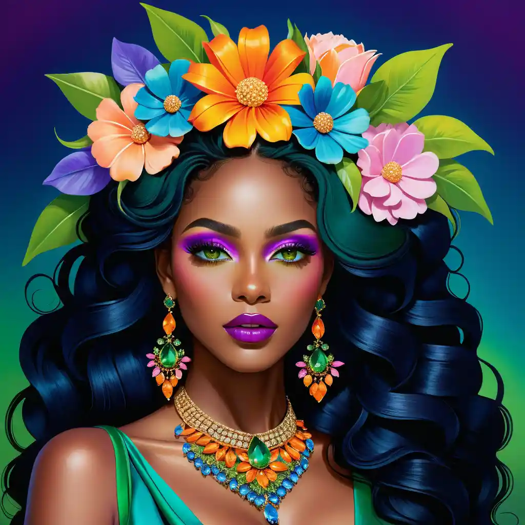 Floral crowned black woman with vivid green eyes portrait
