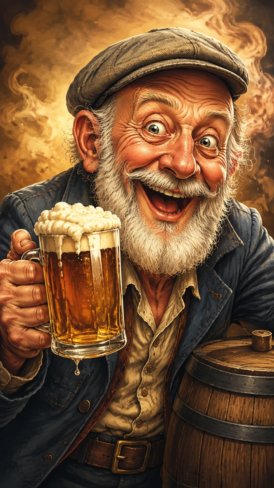 Cheerful old man with beer mug in cartoon style