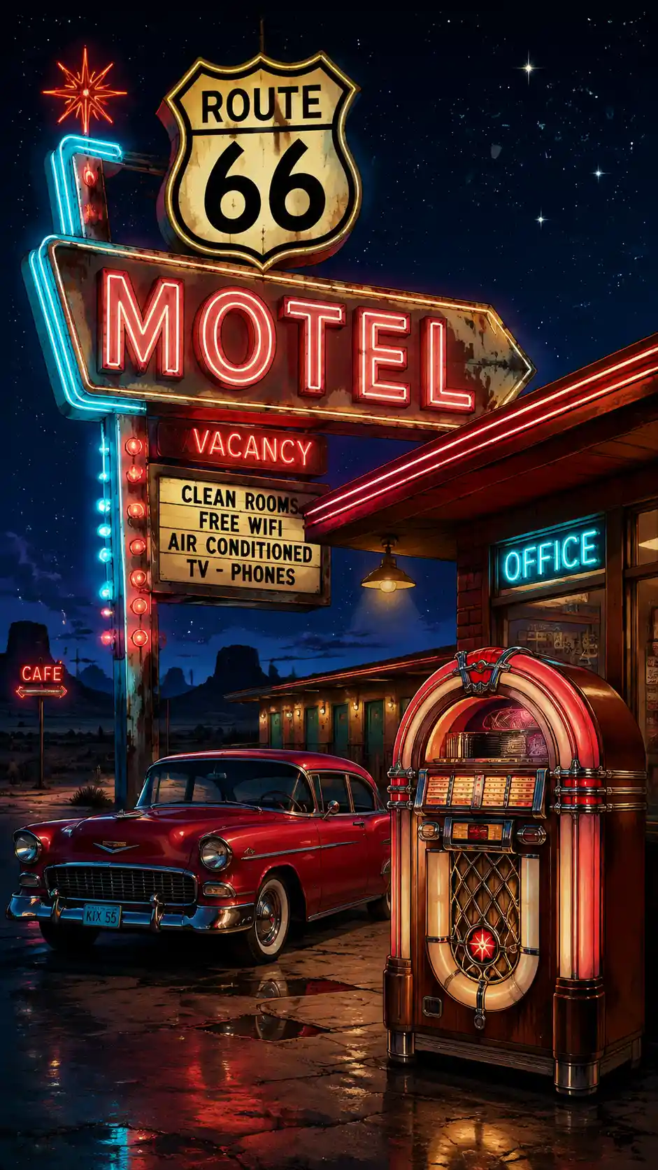 Enseigne vintage de motel brillante au néon sous les étoiles du désert
