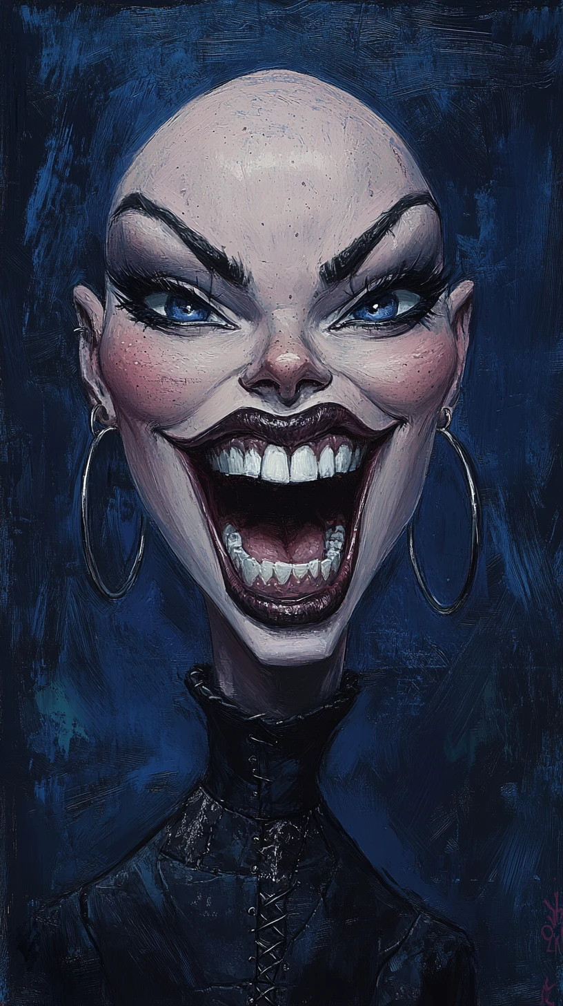 Retrato caricatural de fantasia sombria de uma mulher careca com pescoço longo
