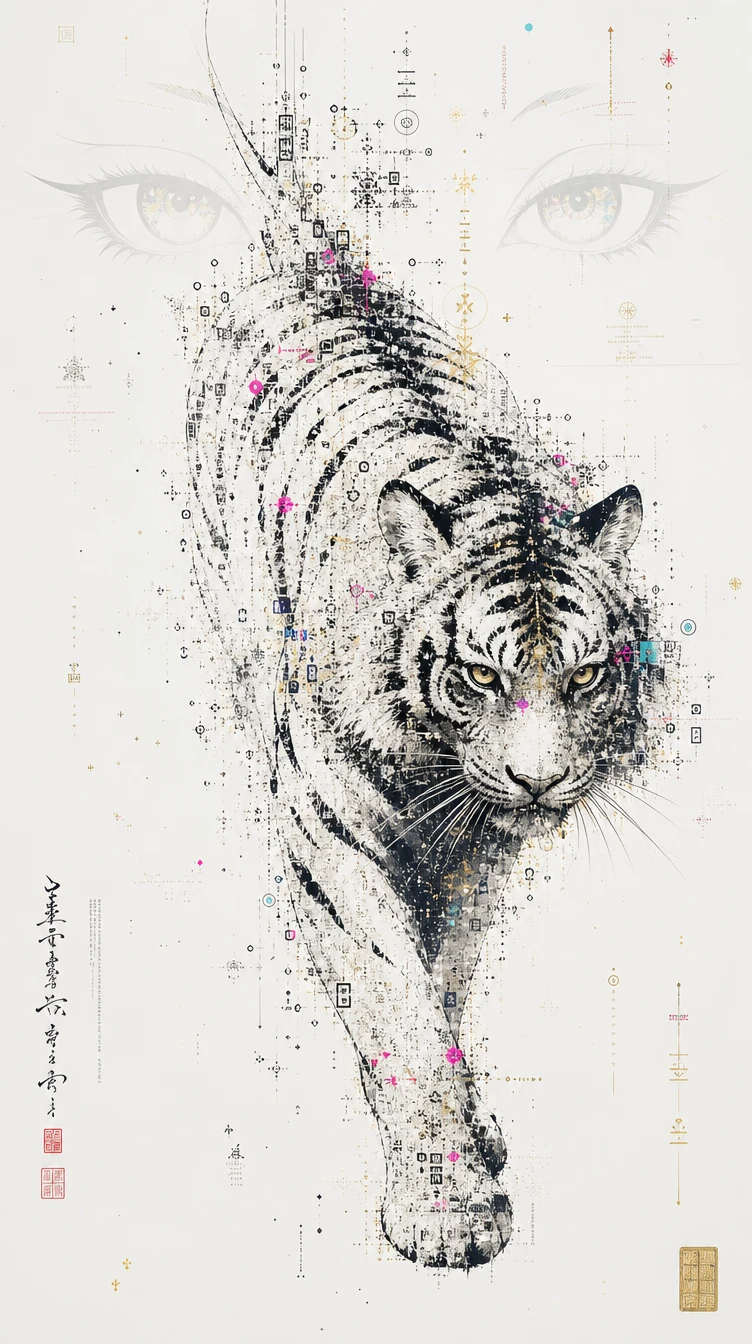 Tigre inspiré du sumi-e se dissolvant en microdétails symboliques