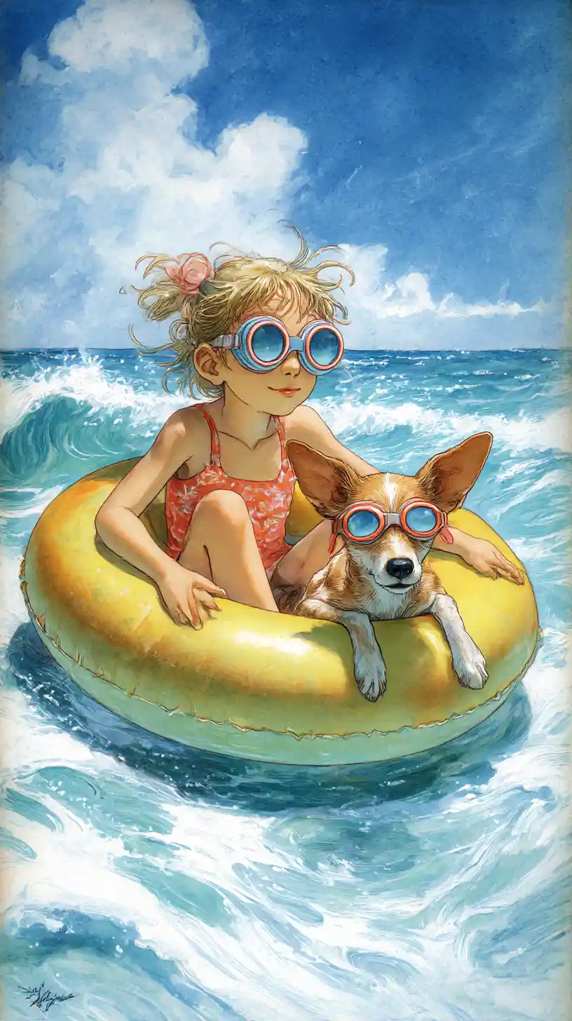 Menina brincalhona e cachorro boiando em uma boia no mar