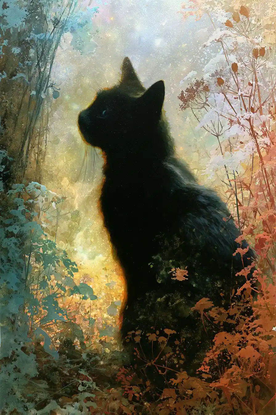 Gato descobrindo um jardim silencioso de estrelas caídas