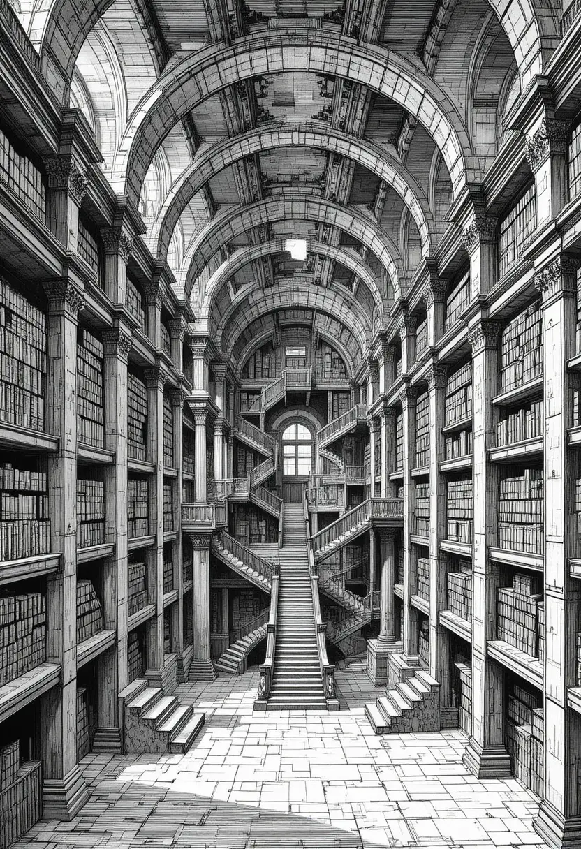 Endless Staircases In A Colossal Labyrinthine Library Engraving