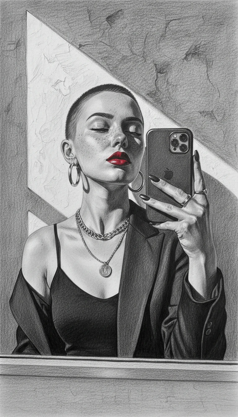 Graphite portrait of a confident woman taking a mirror selfie