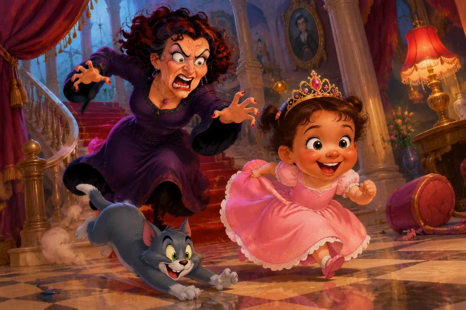 Pequena princesa fugindo de uma bruxa cômica de desenho animado