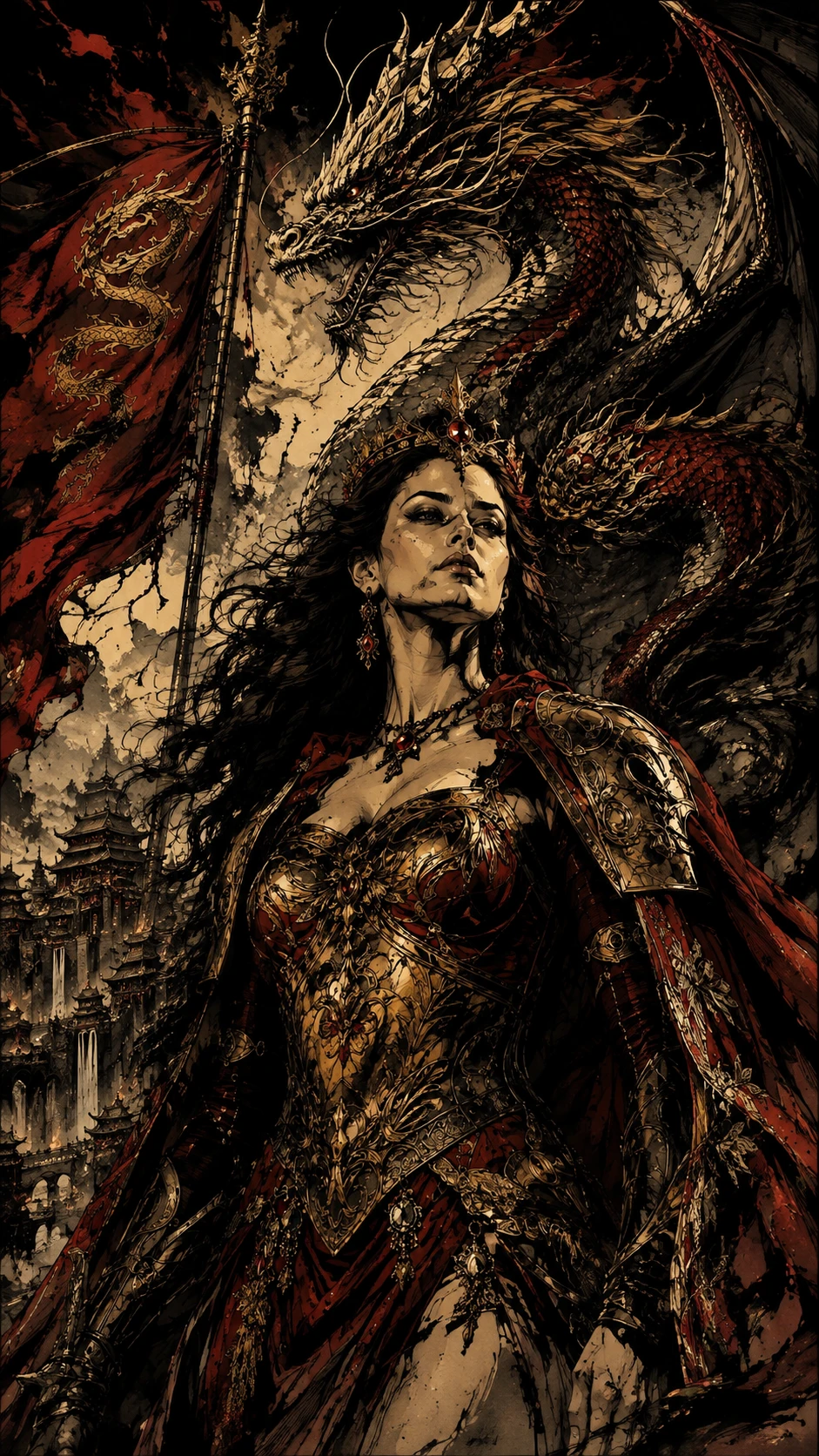 Angular ink drawing with dramatic gothic chiaroscuro contrasts