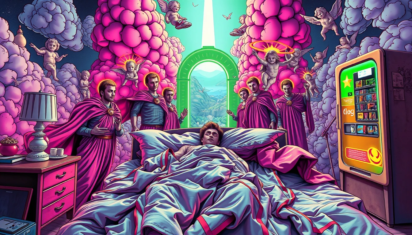 Man in bed surrounded by melting surreal superheroes
