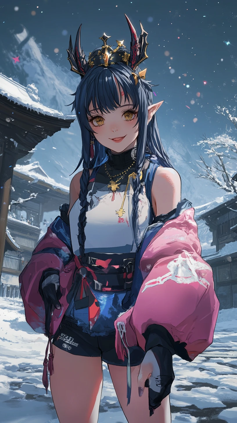 雪中村莊教堂與河邊嬉戲的孩童