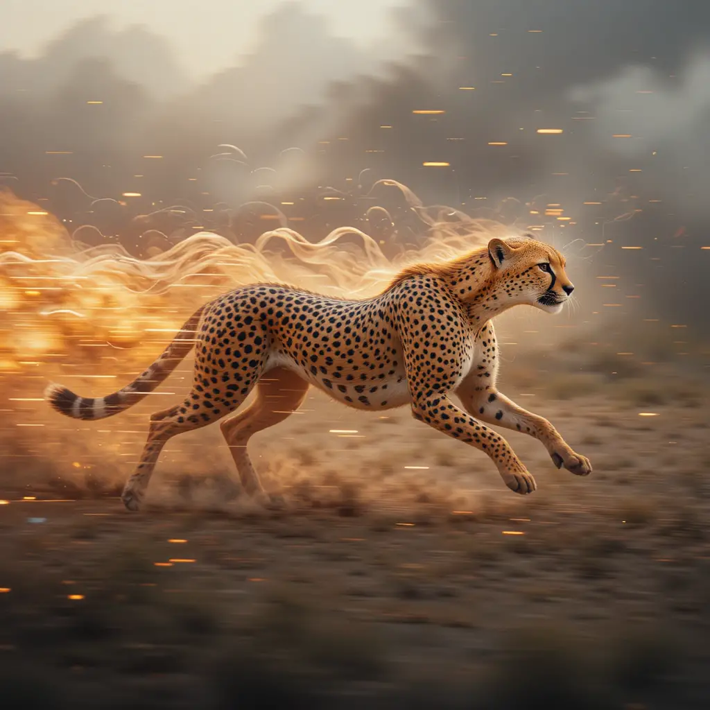 Guépard au sprint avec de subtils filés de mouvement ambrés
