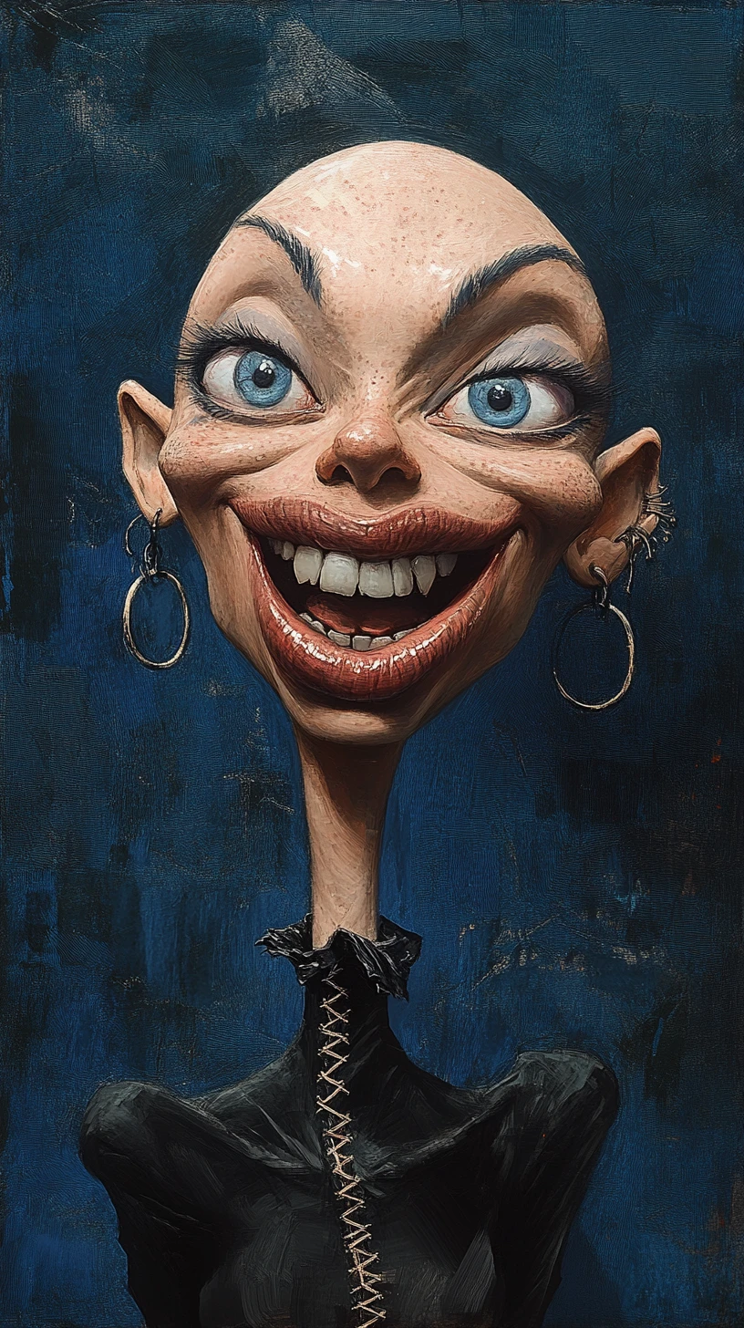 Caricatura dark fantasy di una donna calva dal collo lungo