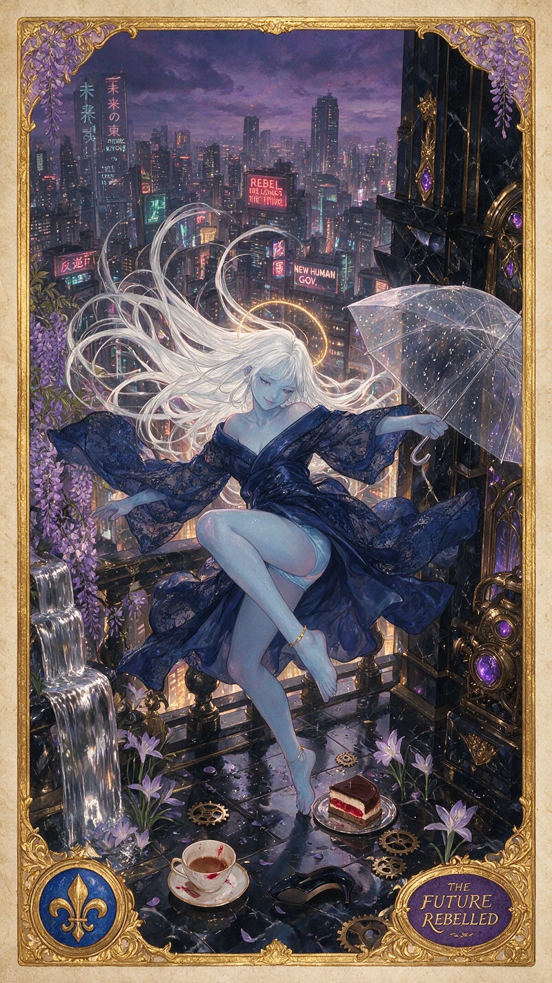 Princesa cyberpunk saltando sobre uma cidade banhada em néon