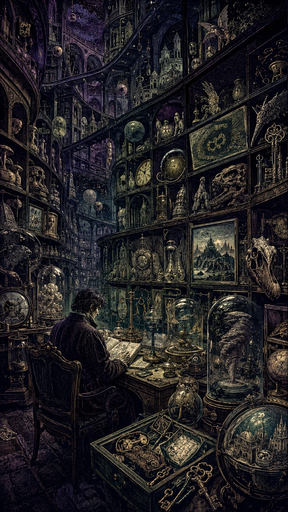 Biblioteca infinita de artefatos impossíveis em interior escuro