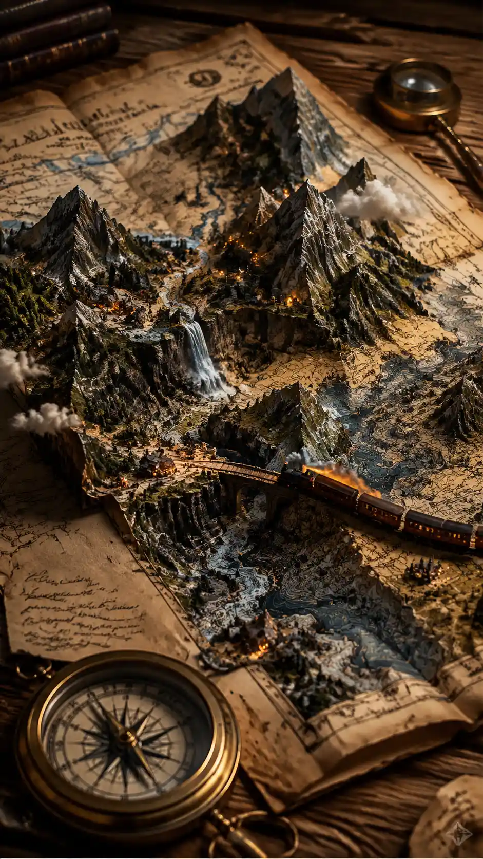 Macro view of a magical explorer map becoming real terrain