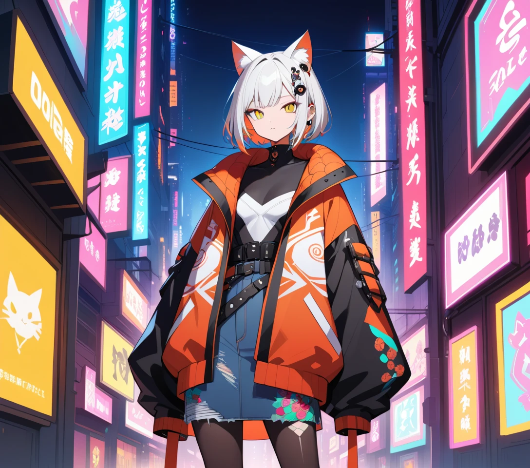 Mulher híbrida futurista de gata e humana em rua de cidade neon