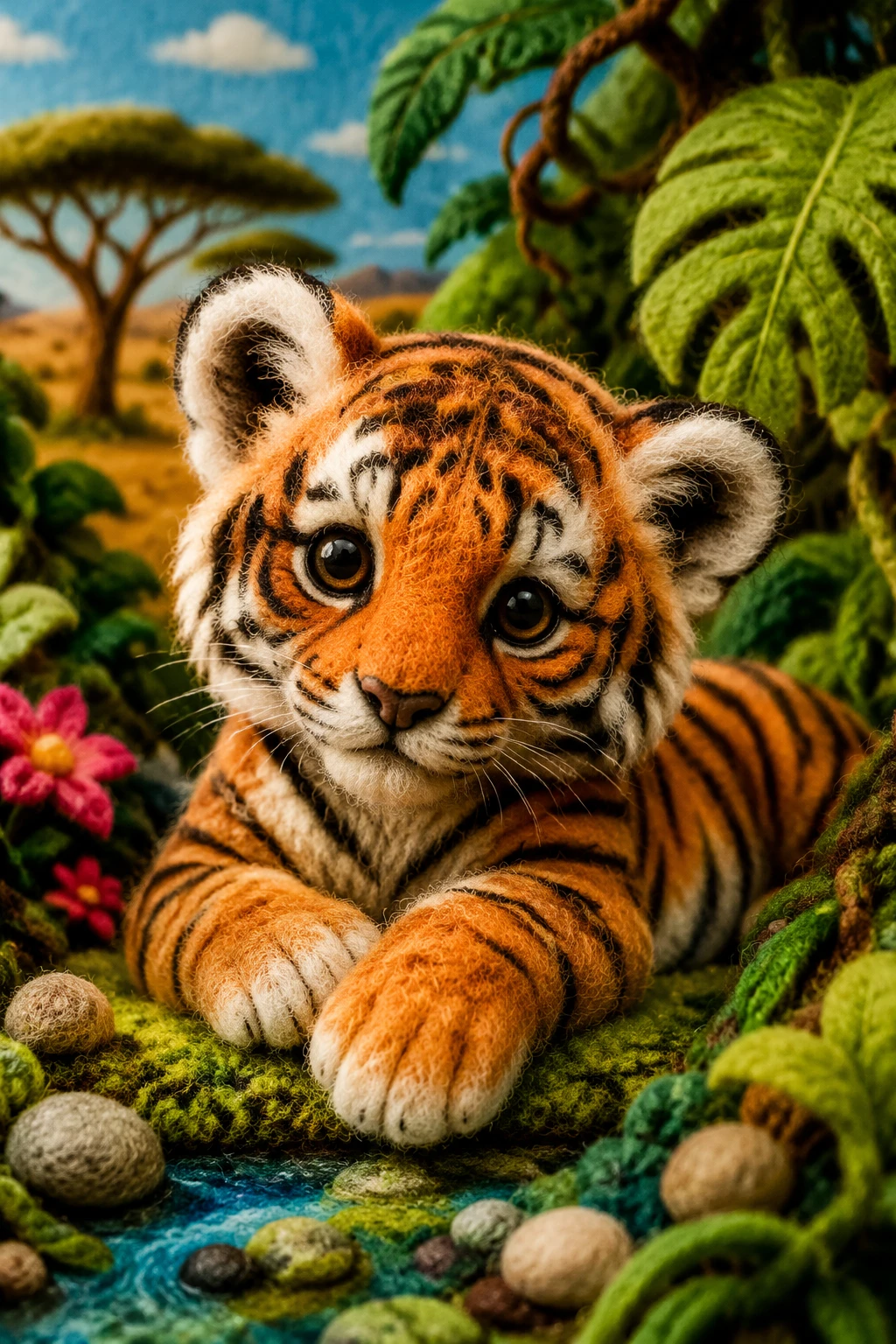 Adorable bébé tigre en feutrine piquée se prélassant dans une minuscule jungle