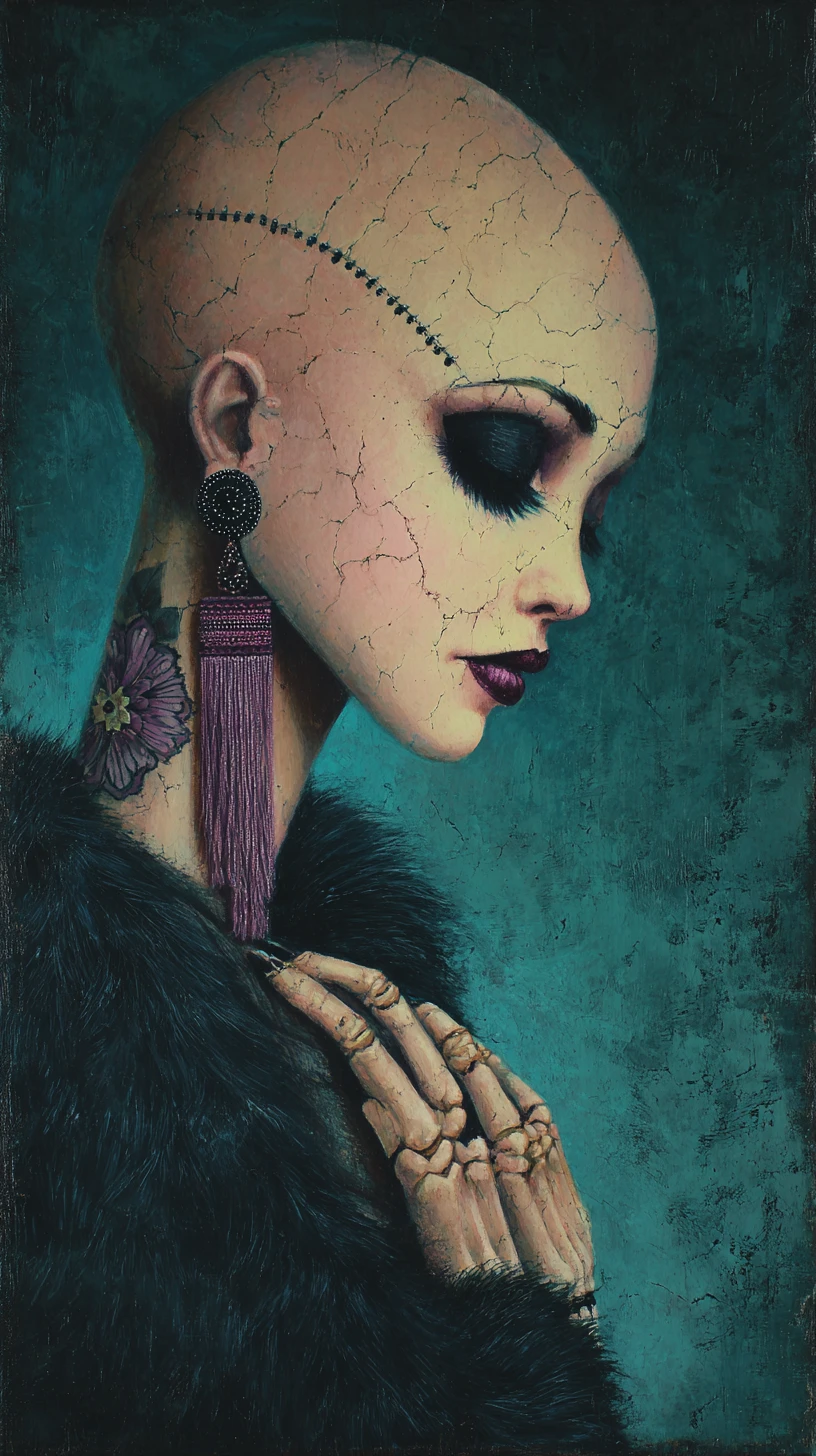 Retrato gótico surreal de uma mulher de porcelana costurada