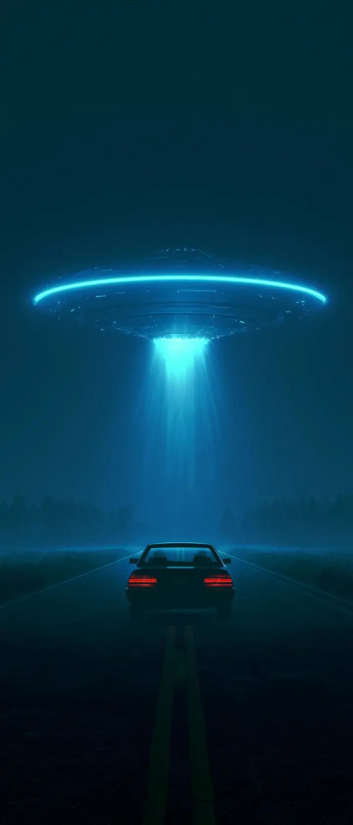 Auto nähert sich schwebendem UFO auf neonbeleuchteter Landstraße