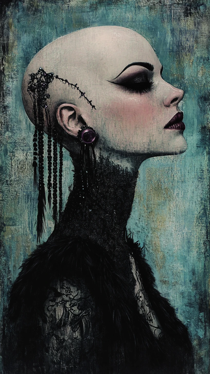 Retrato gótico surrealista de uma mulher careca de porcelana costurada