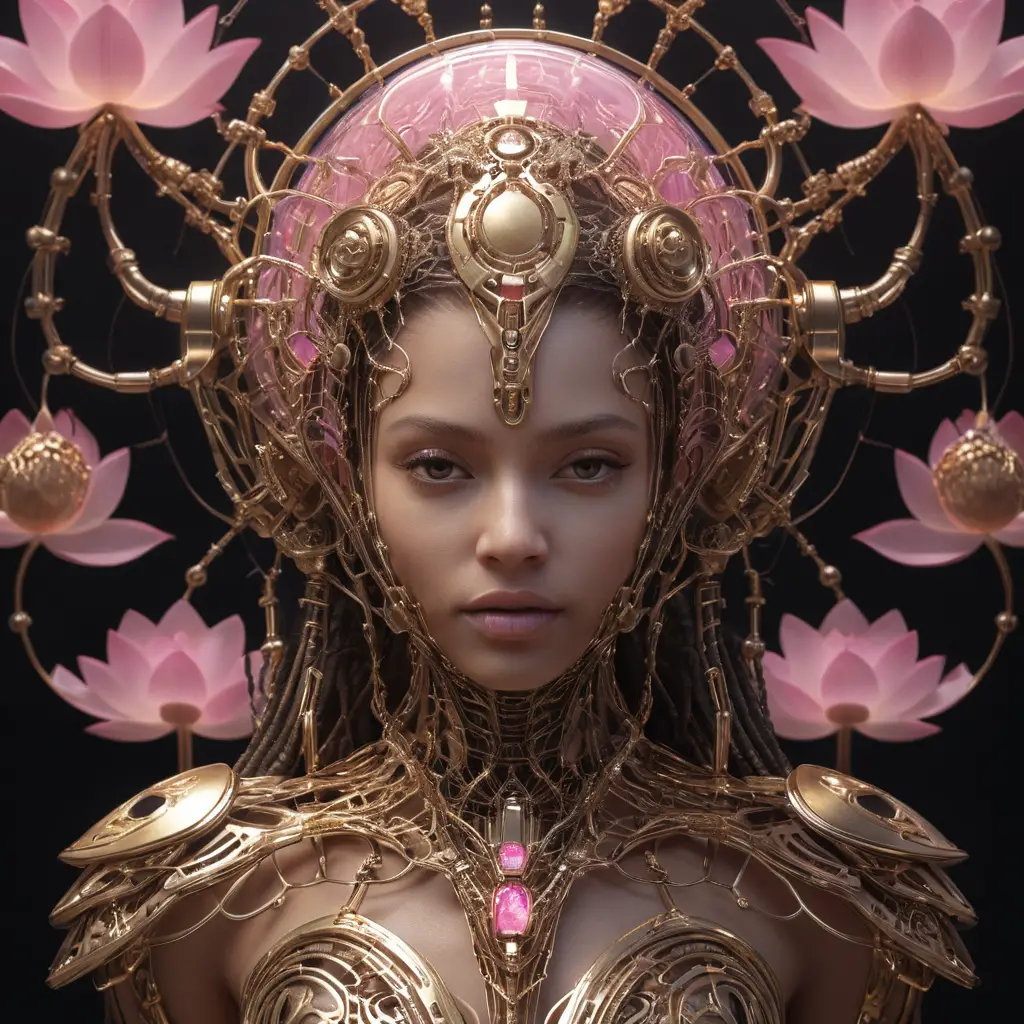 Biomechanical lotus goddess in radiant cybernetic armor
