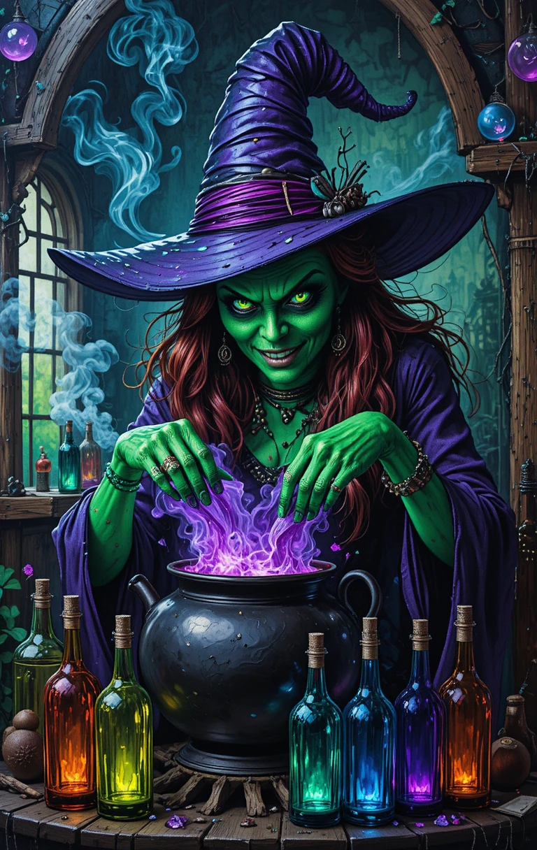 Green witch brewing a sinister purple potion