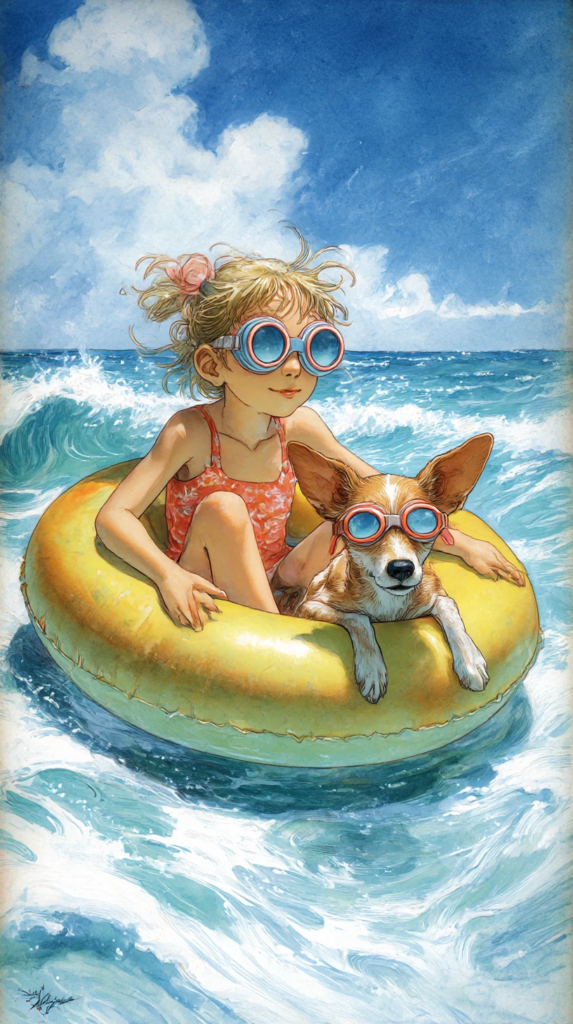 Menina brincalhona e cachorro boiando em uma boia no mar
