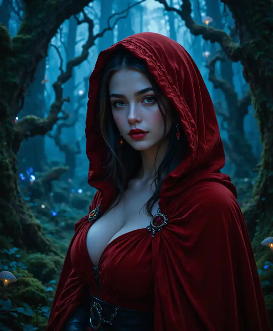 Enigmatica donna incappucciata di rosso in una foresta fantasy al crepuscolo