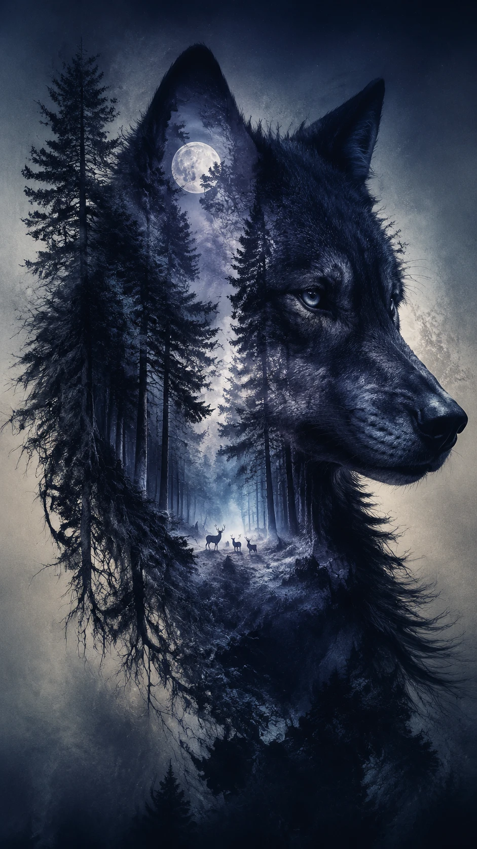 Silhueta surreal de lobo preenchida por uma antiga floresta ao crepúsculo