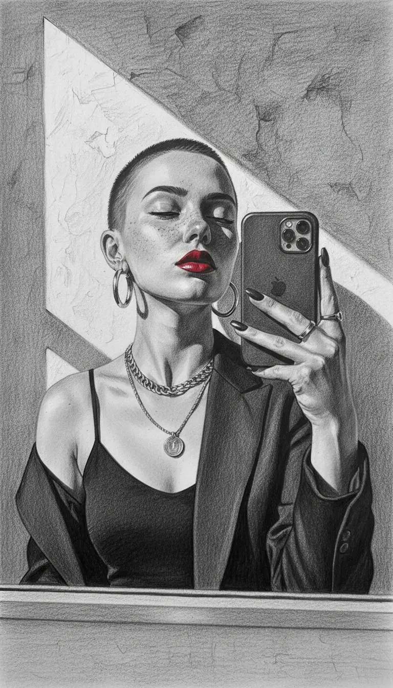 Graphite portrait of a confident woman taking a mirror selfie