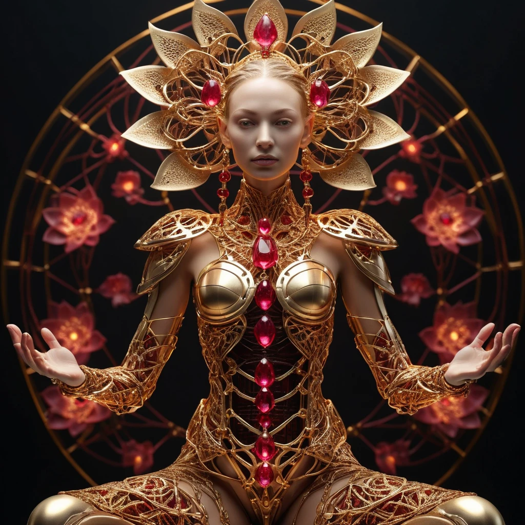 Rainha cibernética segurando um lótus mecânico brilhante