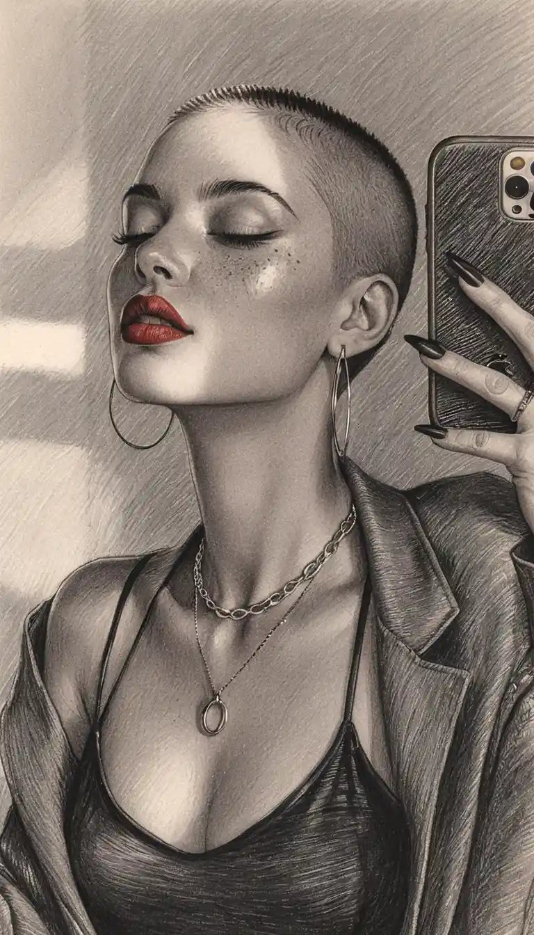 Buzz cut woman taking a mirror selfie in hard light