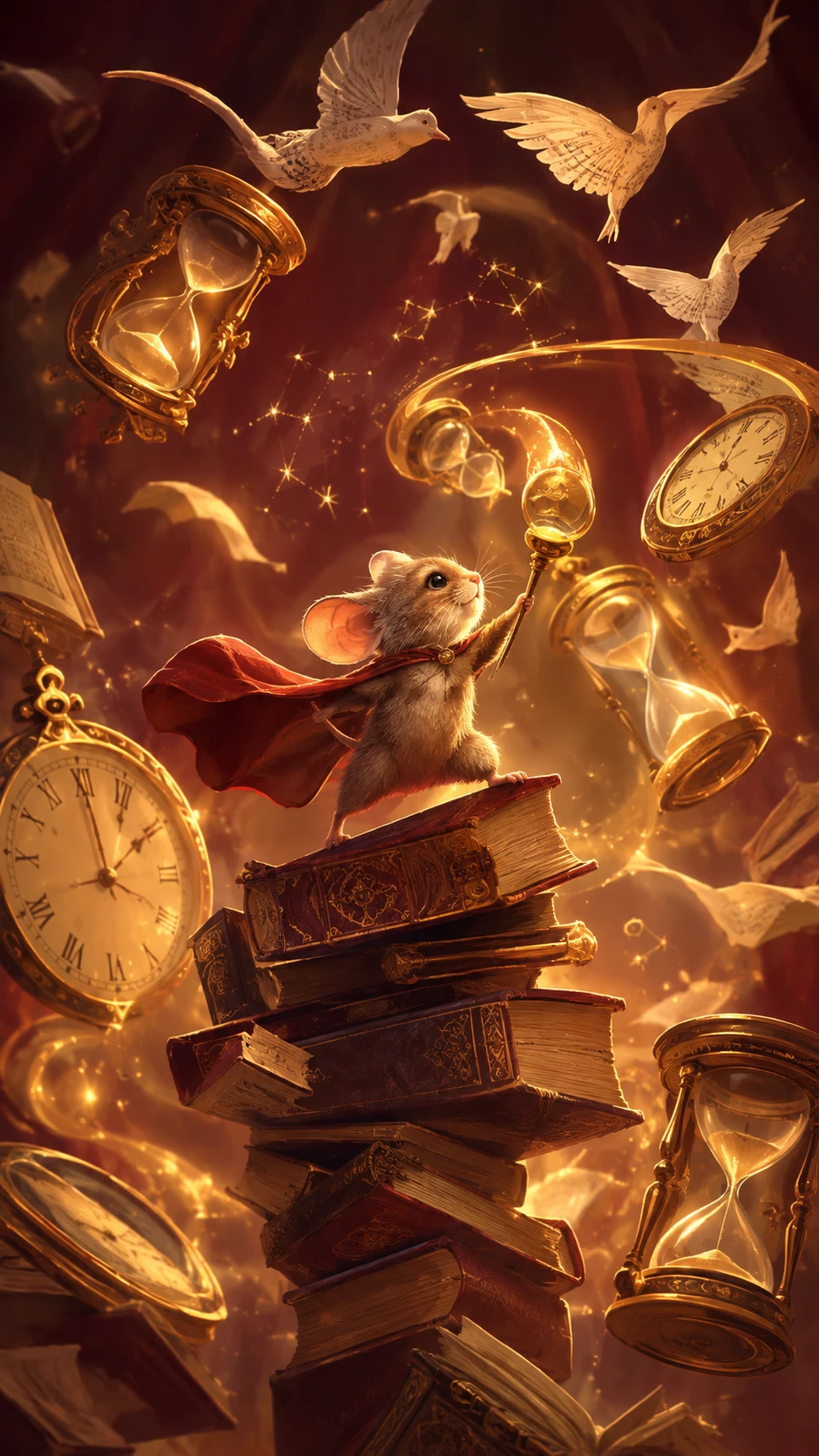 Pequeno rato equilibrando-se em livros flutuantes com relógios brilhantes
